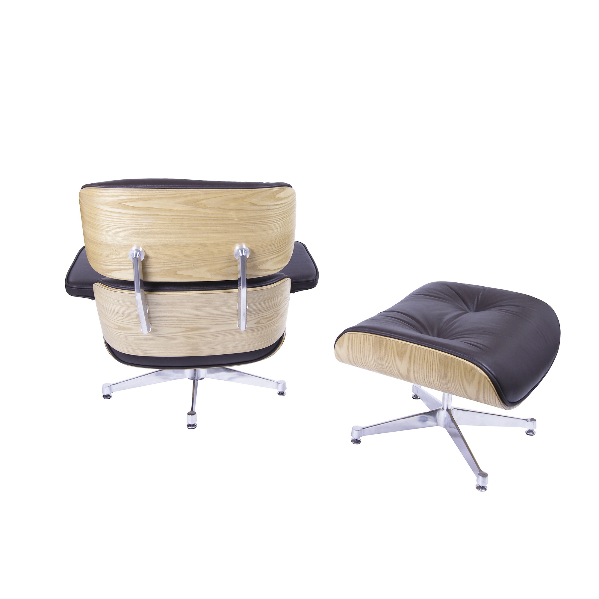 Charles Eames style, Chaise longue avec hocker EA670 brun bois de frêne Base polie
