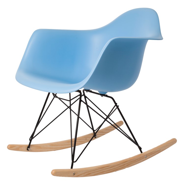 Charles Eames style, Fauteuil à bascule RAR cadre noir PP bleu clair