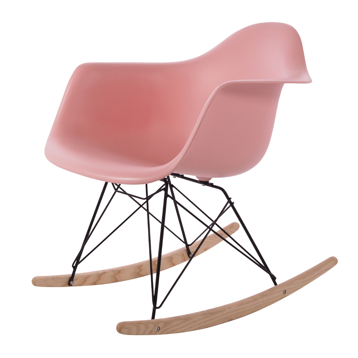 Charles Eames style, Fauteuil à bascule RAR cadre noir PP baby rose