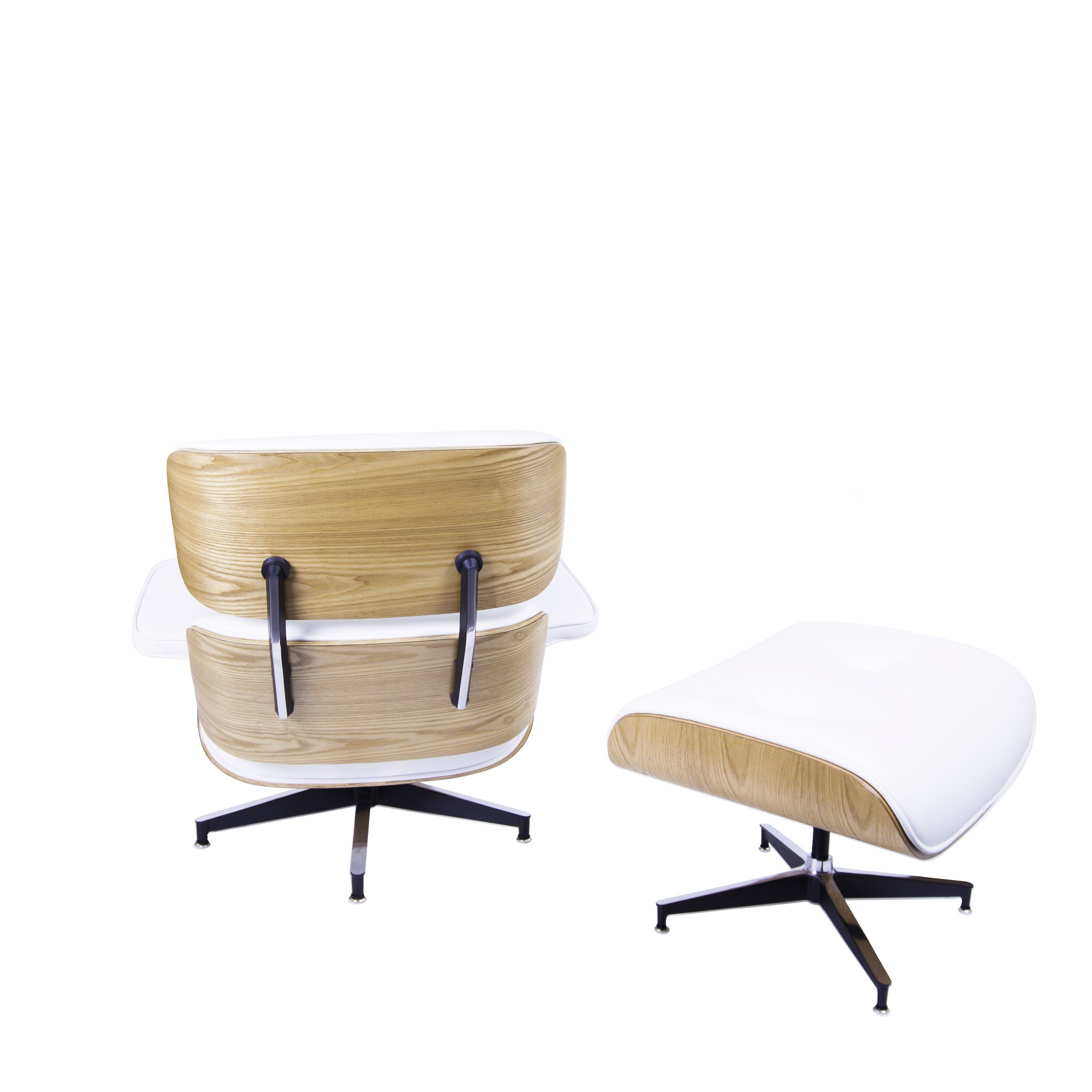 Charles Eames style, Chaise longue avec hocker EA670 blanc bois de frêne Base noire