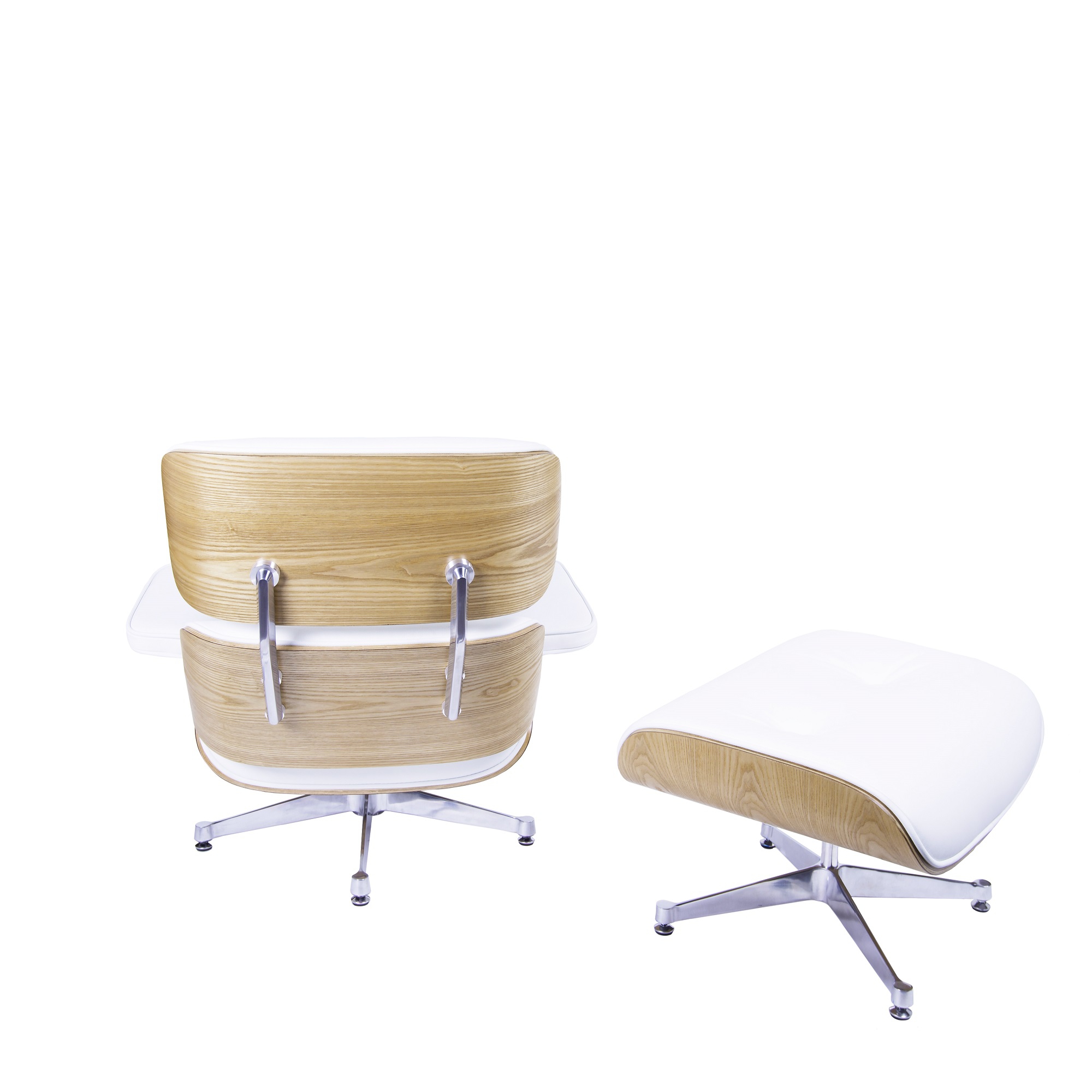 Charles Eames style, Chaise longue avec hocker EA670 XL blanc bois de frêne Base polie